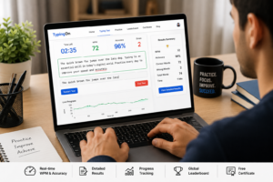 Online typing test with TypingOn showing typing speed and accuracy